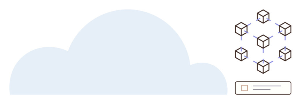 Large cloud graphic connected to network nodes with cube structures and a simplified task notification. Ideal for technology, data management, cloud computing, blockchain, networking, IT