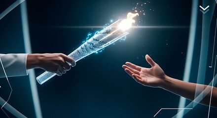 Legacy and succession concept. A hand passes a glowing holographic torch to another hand, symbolizing the transfer of knowledge and leadership.