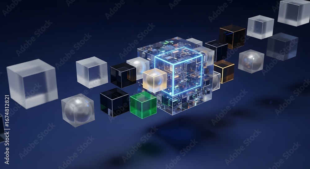 Poster futuristic digital blockchain cubes with neon lights on dark background