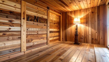 A cozy wooden cabin interior with smooth teak wood flooring, walls, and ceiling, warmly lit by rustic wall sconces, featuring simple wooden stools and large windows that bring in natural light.