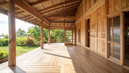 A peaceful wooden porch with smooth teak wood flooring and rustic walls, overlooking a lush tropical garden bathed in warm sunset light, creating a tranquil, natural outdoor retreat.