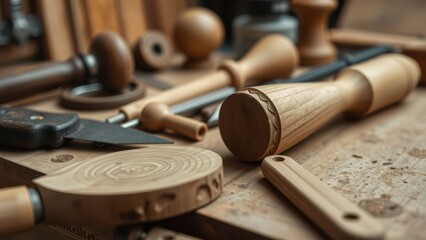 Woodturning tools and handmade wooden pieces on workbench
