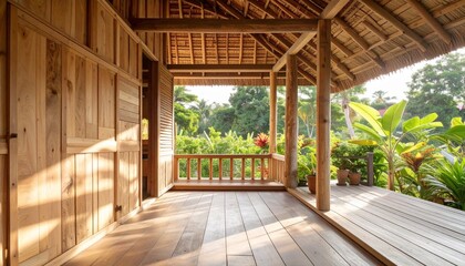 A peaceful wooden porch with smooth teak wood flooring and rustic walls, overlooking a lush tropical garden bathed in warm sunset light, creating a tranquil, natural outdoor retreat.