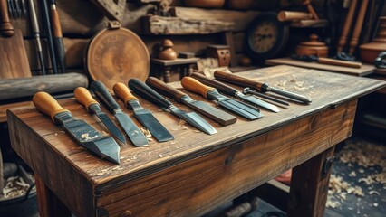 Woodworking tools arranged on rustic workbench in workshop  
