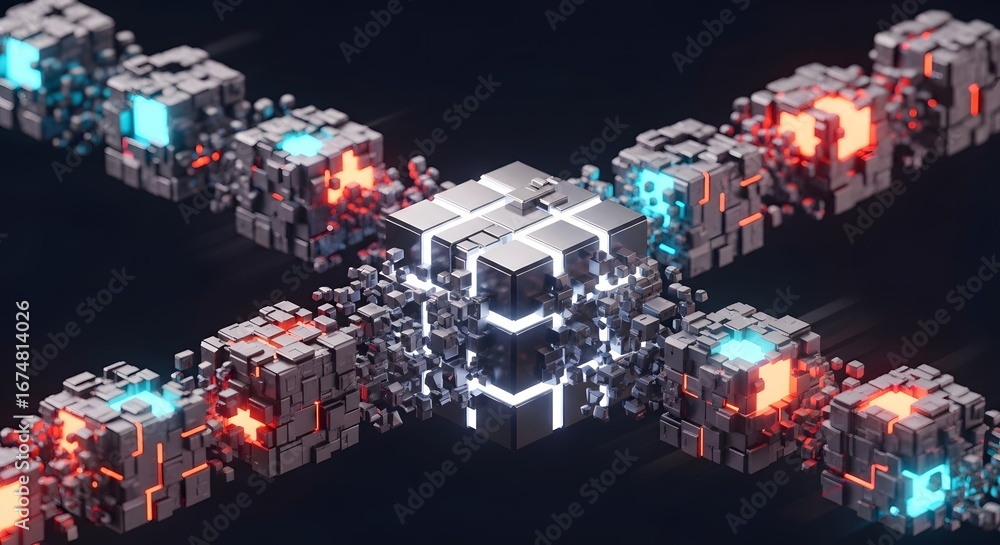 Poster futuristic digital cube network with glowing lights and geometric blocks