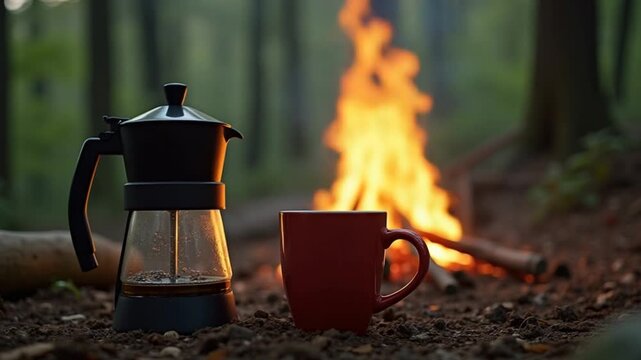 Coffee maker and mug near a fire in a beautiful forest. Travel concept