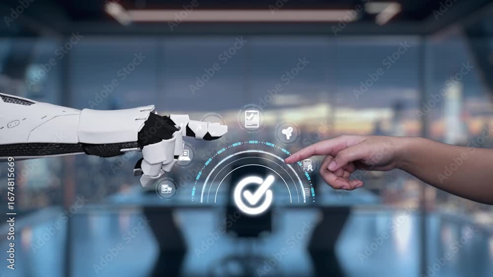 Poster a cutting-edge interaction between a human hand and a robotic arm showcases modern technology in an 