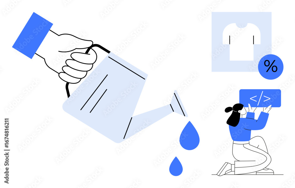 Aufkleber hand pouring water from watering can, kneeling coder working on tablet with code, shirt icon with di