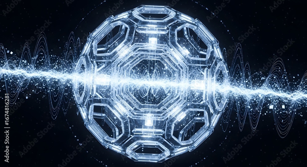 Poster futuristic digital sphere with glowing light and data waves in dark space