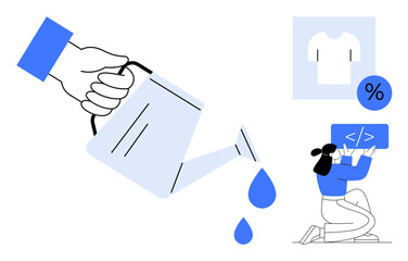 Hand pouring water from watering can, kneeling coder working on tablet with code, shirt icon with discount percentage. Ideal for development, growth, e-commerce, productivity, creativity, innovation