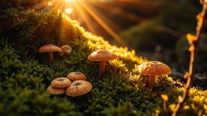 Orange mushrooms on moss lit by golden sunlight
