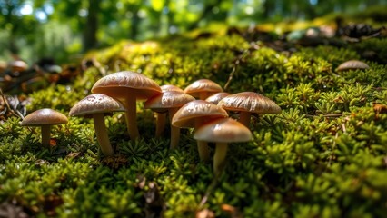 Fototapeta premium Cluster of wild mushrooms on moss in sunlit forest 