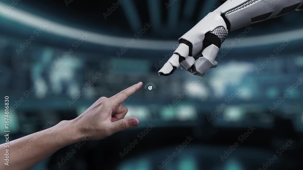 Poster a high-tech video portraying a robotic hand interacting with a digital interface displaying icons an