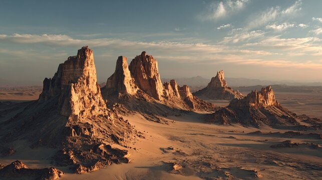 Desert landscape with rock formations under a blue sky with light clouds.