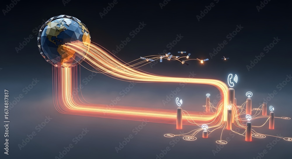Poster futuristic global communication network with digital signal lines and wireless icons