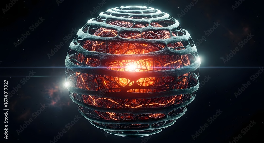 Poster futuristic glowing sphere with metallic lattice structure in space