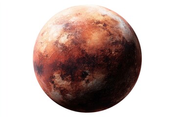 Obraz premium A detailed, round, rusty-colored planet, with varying shades of reddish-brown and muted gray. Surface textures are visible