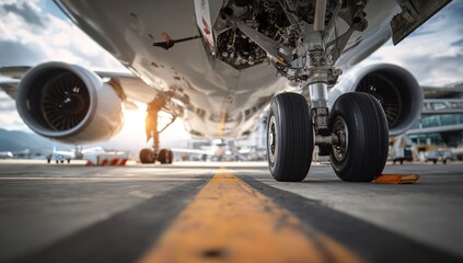 Airplane landing gear on tarmac