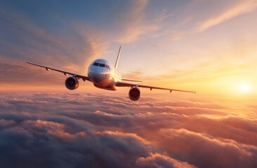 Airplane over sunset clouds