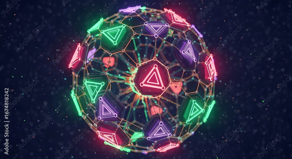 Poster futuristic neon geometric sphere with triangular and heart shapes in space environment