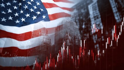 American flag overlaying cityscape and stock market
