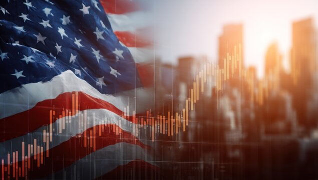 American flag, cityscape, financial data