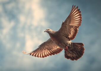 Obraz premium A light brownish-gray pigeon in flight against a soft, cloudy sky. Its wings are outstretched, showcasing a feathered pattern