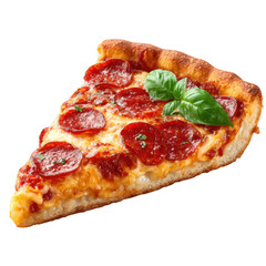Delicious slice of pepperoni pizza with fresh basil topping isolated on transparent background