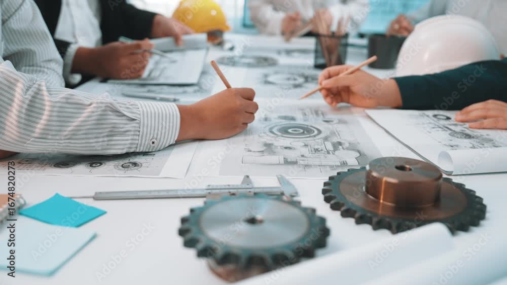 Poster engineers gather around a table, discussing and reviewing technical drawings and blueprints, embodyi