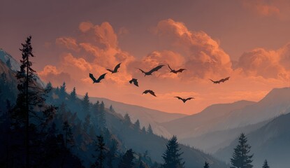 Bats flying over mountains at sunset