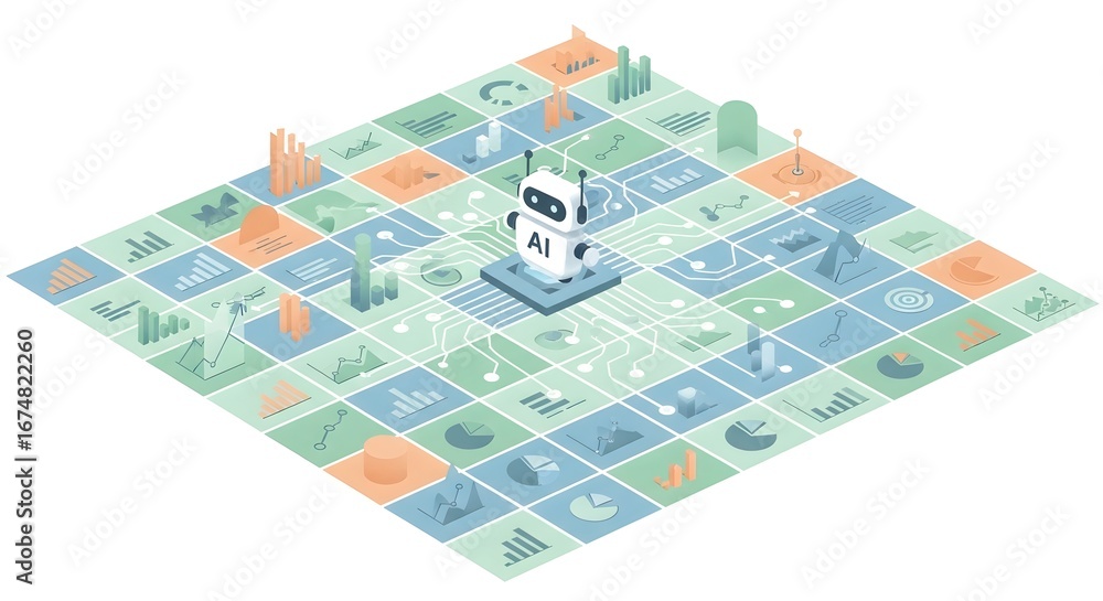 Poster isometric artificial intelligence robot on data analysis board with charts and graphs