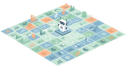 Isometric Artificial Intelligence Robot on Data Analysis Board with Charts and Graphs