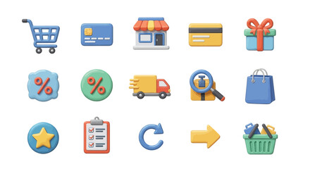 Set of three-dimensional user interface icons for e-commerce applications, digital stores, and online retail