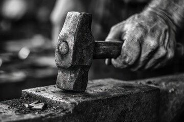 Black and white close-up of a blacksmith hammering metal