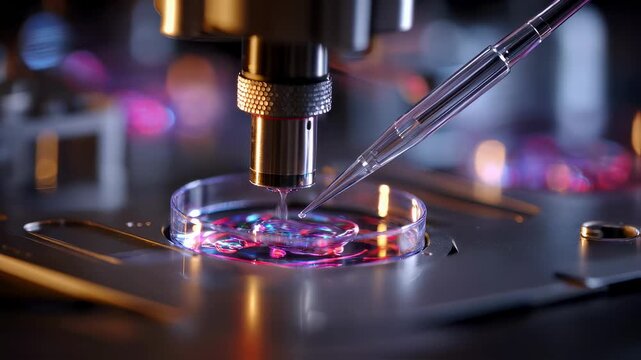 Focused medium shot on the microinjection tool interacting with the spindle apparatus during mitochondrial replacement therapy with softly faded imagery of surrounding lab