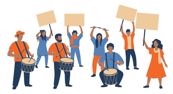 Diverse group of people participating in a protest, holding signs and playing drums to express their views