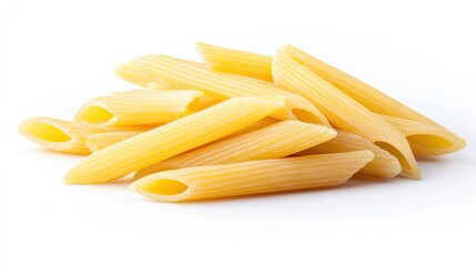 Dry penne pasta close up on white background