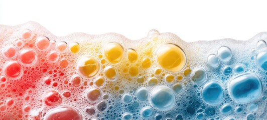Colorful soap suds with various sized bubbles, showcasing vibrant hues of red, yellow, and blue