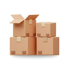 Obraz premium Stack of four cardboard boxes with one box open in a minimalist flat design style render.