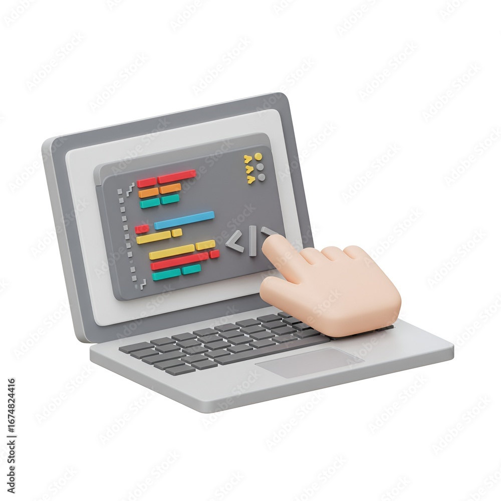 Fototapete a rendered laptop displays colorful code, with a hand cursor hovering over a bracket symbol.