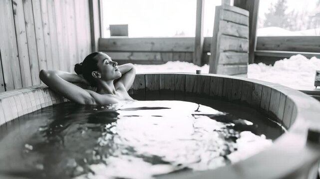 A stark and artistic full-body shot of a person in an ice bath