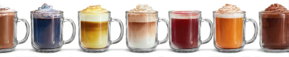 Row of glass mugs filled with various hot beverages