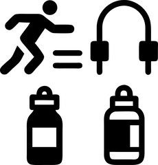 Obraz premium Active lifestyle gear includes running man, headphones and water bottles for health and fitness motivation