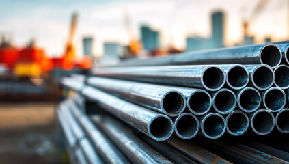 A stack of metal pipes in an industrial environment, likely used in construction or manufacturing...