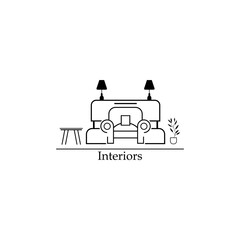 Simple Black Living Room Interior Design Icon with Sofa Lamp and Window on White Background