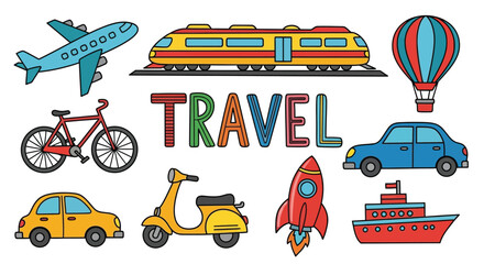 A vibrant collection of hand-drawn travel and transportation icons, including planes, cars, and trains