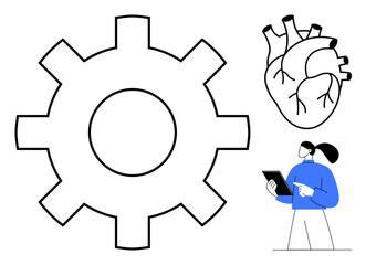Large gear, anatomical heart, and a professional holding a tablet. Ideal for health tech, innovation, teamwork, problem-solving, engineering, medical advancement simple landing page