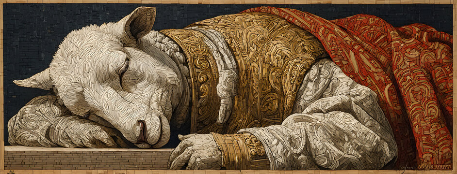 PRAGUE, CZECH REPUBLIC - OCTOBER 12, 2018: The symboic mosac of Lamb of God inchurch Bazilika svat&eacute;ho Pera a Pavla na Vy&scaron;ehrade.