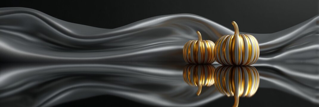Two elegant golden striped pumpkins on a reflective surface with soft draped fabric. - Powered by Adobe