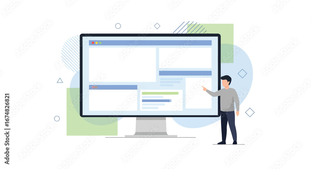 Fototapete businessman presenting a new website interface on a computer screen. flat vector illustration for ui